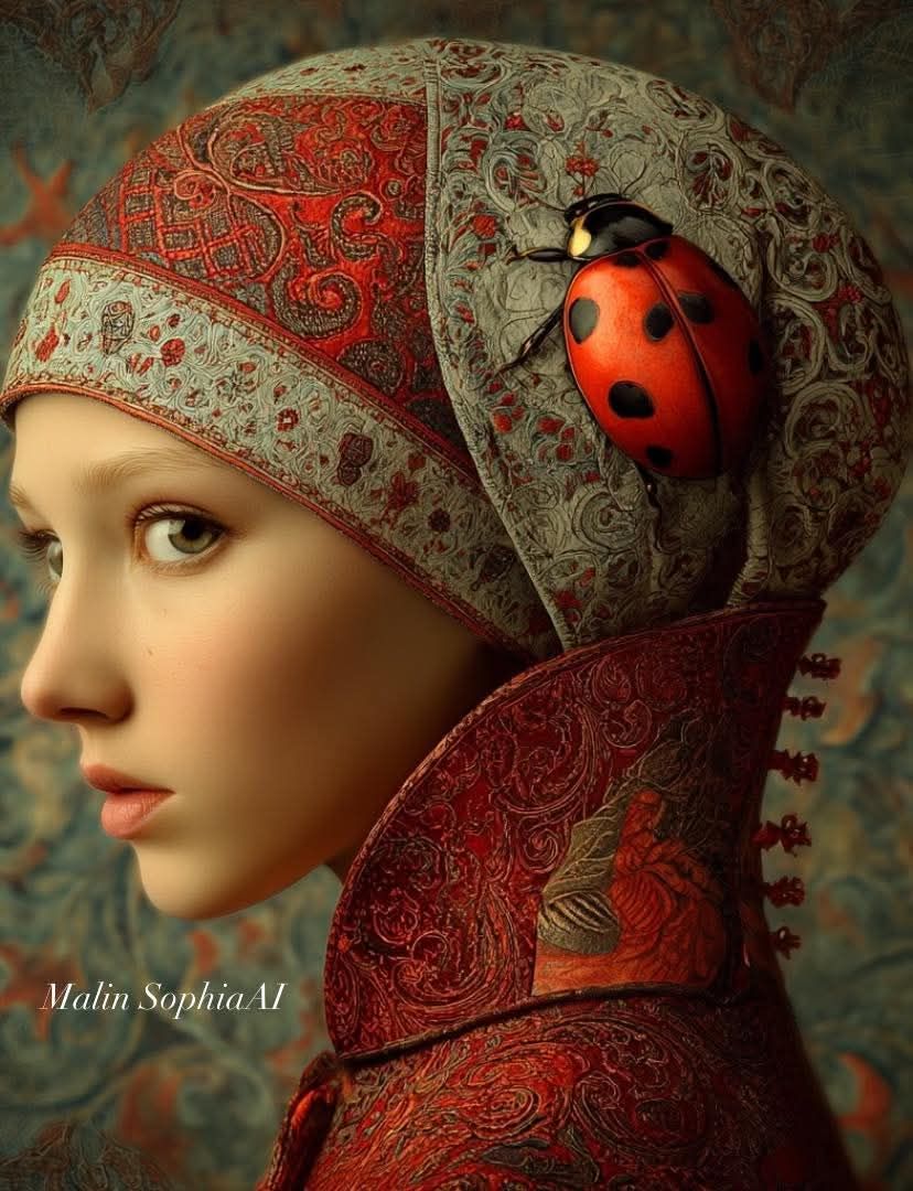 As circles, inversions, and reflections inside a mirrored tessellation.

A comic graphic vector half-tone screen printed image of a woman Cl...