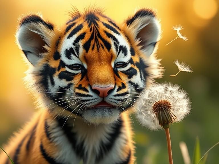 A photorealistic tiger cub, with puffed cheeks and a protruding nose, blows hard on a dandelion, sending its hair dancing gracefully through...
