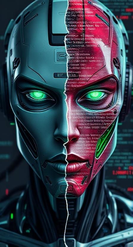 Create an airbrushed, intricately detailed and sharp focus image of a striking cybernetic android. This portrait should be split down the mi...