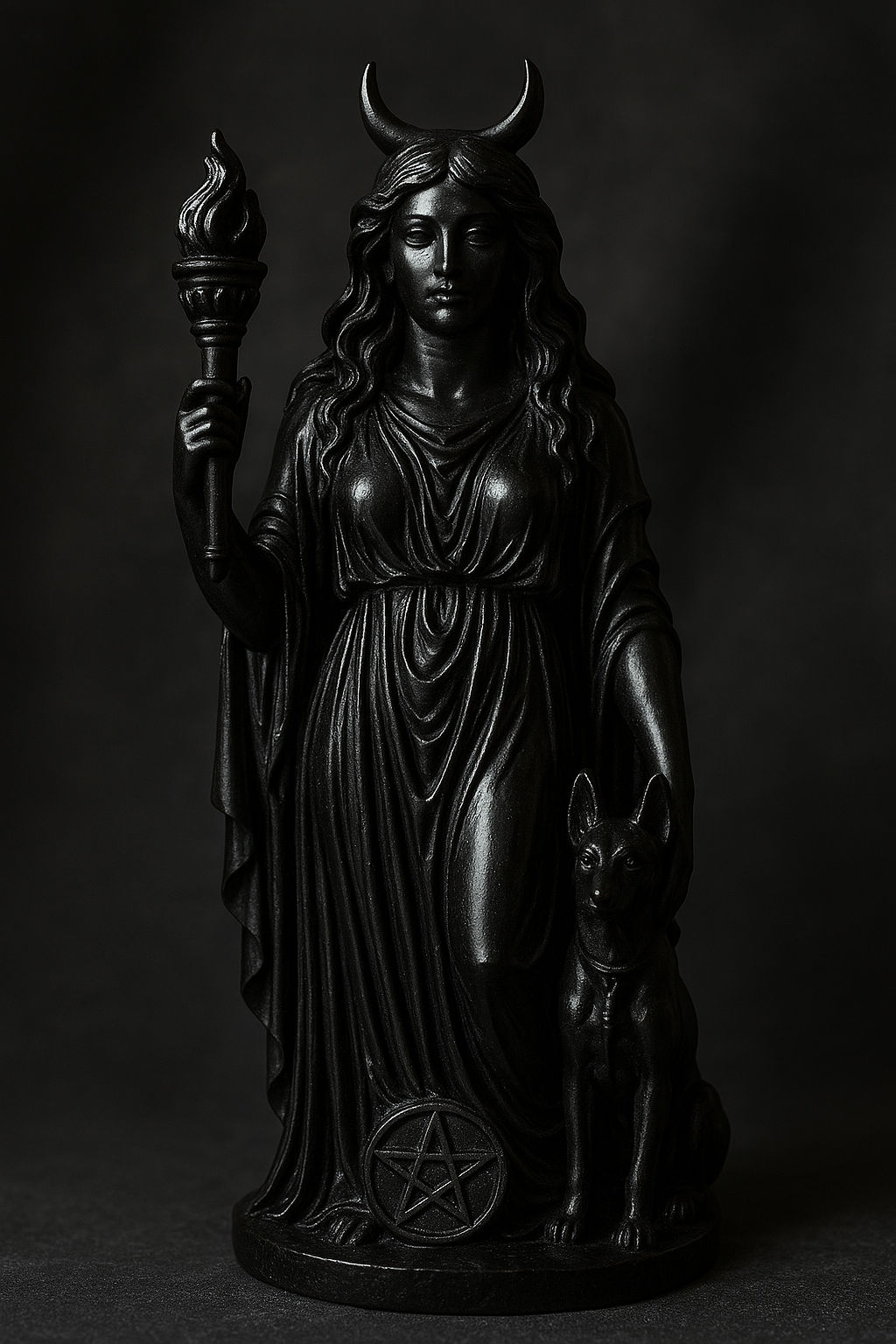 Stunning black obsidian stone statue devoted to the Goddess Hecate