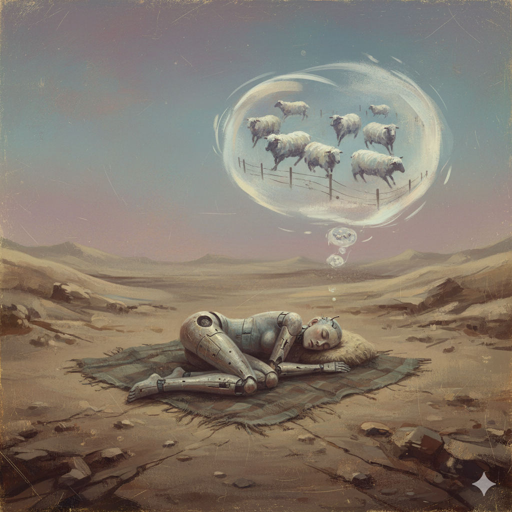 Aerial side drone view of a alone woman-android sleeps and dreams about sheeps,make use of negative space/muted colors/photorealistic/surrea...