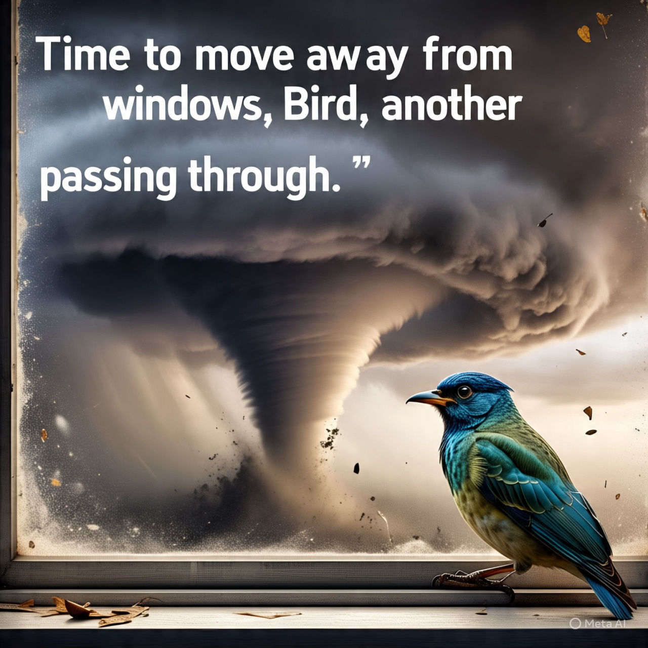 Photographic realistic “Time to move away from the windows, Bird, another ‘nado’ passing through. “unreal Engine 5