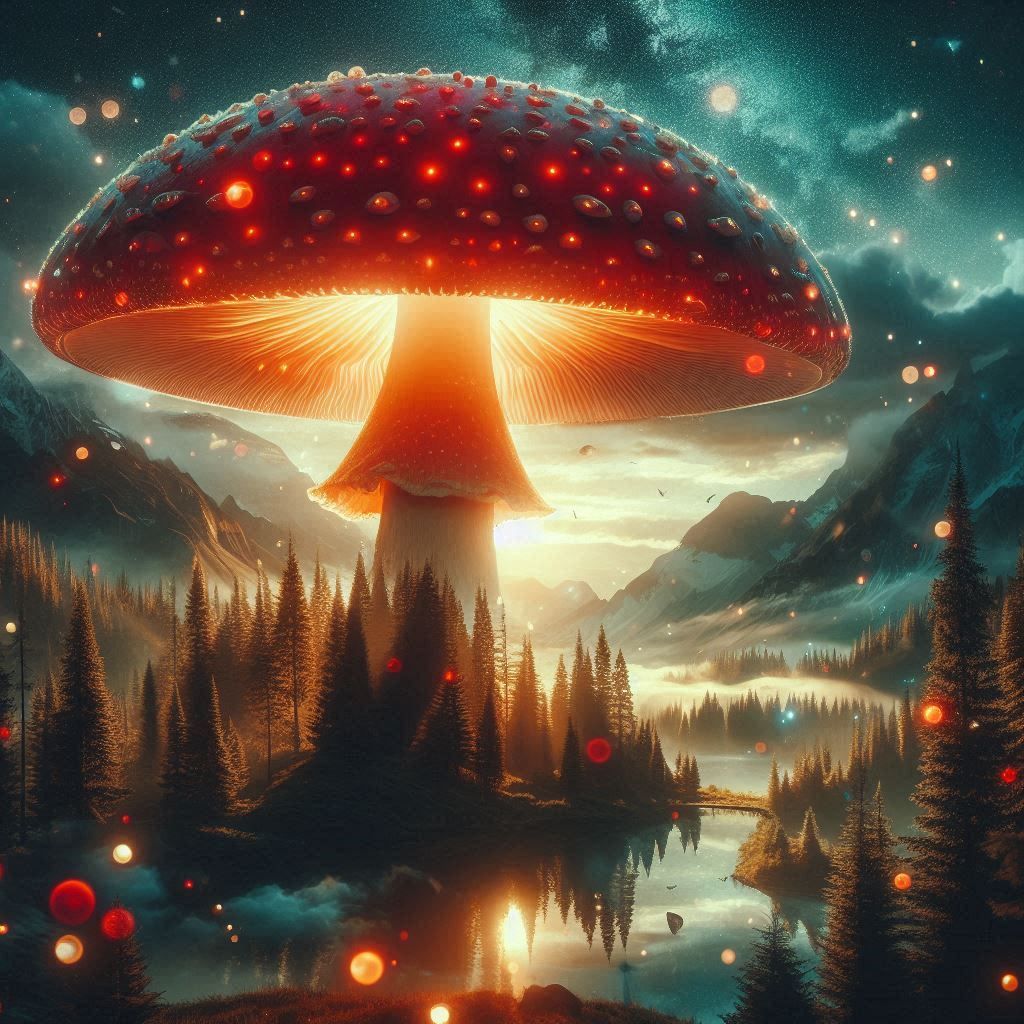 Hyper realistic double exposure a hyper realistic a glowing huge mushroom with red and white dots, deep in an enchanted surreal landscape .....