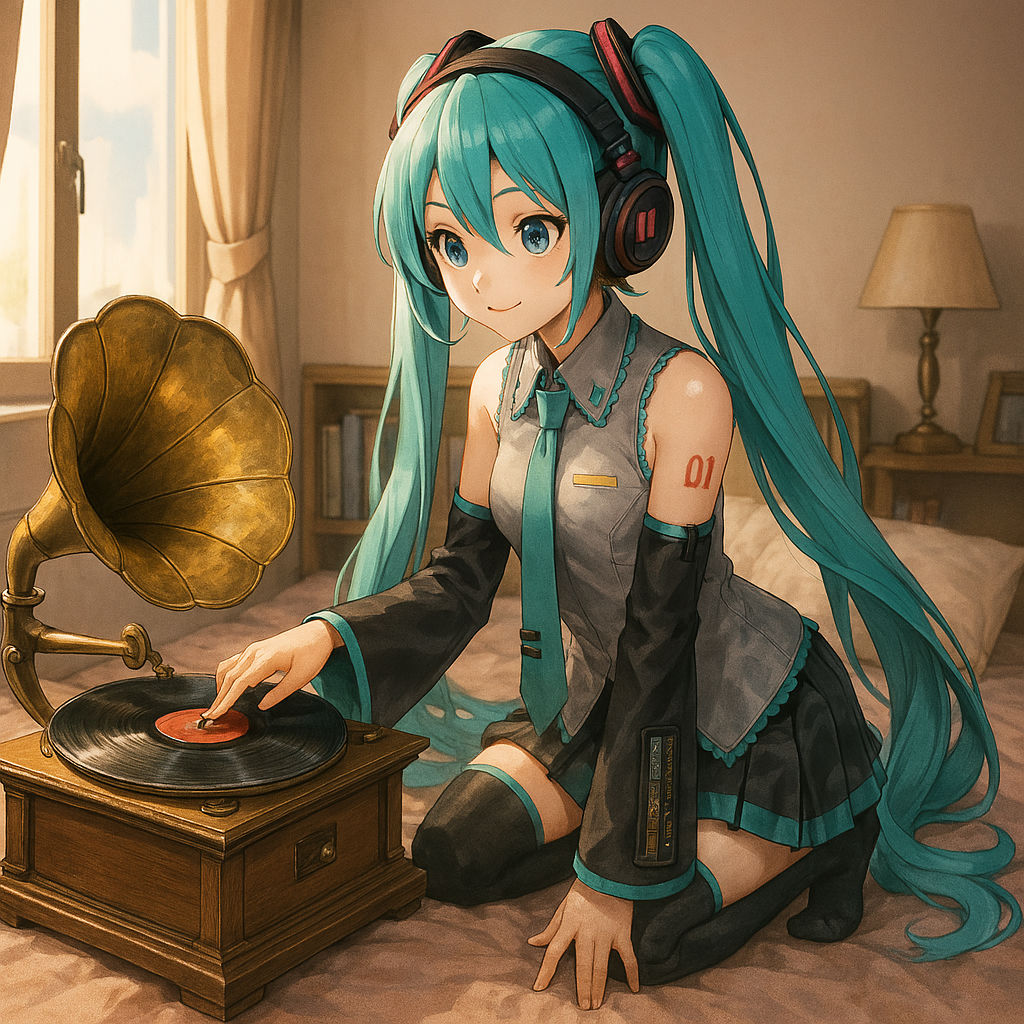 Hatsune Miku Scratching His Record on the Gramophone in the Bedroom