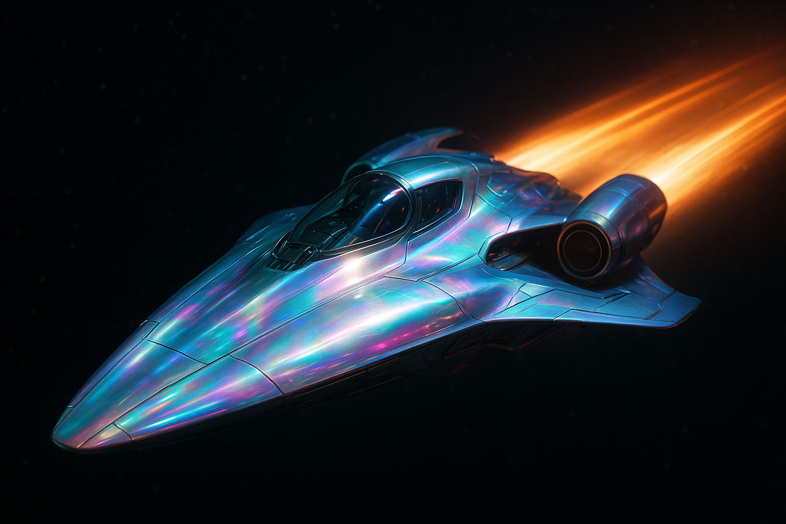 Photographic A sleek futuristic spaceship with an iridescent pearlescent hull shimmers with shifting cyan and magenta hues, its hyper slide ...