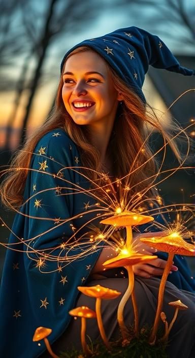 An elven wizard's face glows with the warm, golden light of dusk, her laughter visible in the joyful expression. Her star-embroidered azure ...