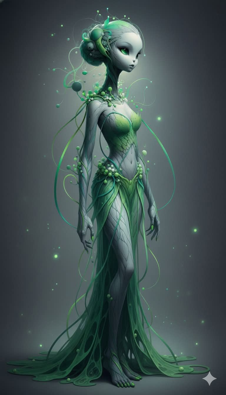 A female robot in a richly embroidered ornate coat.