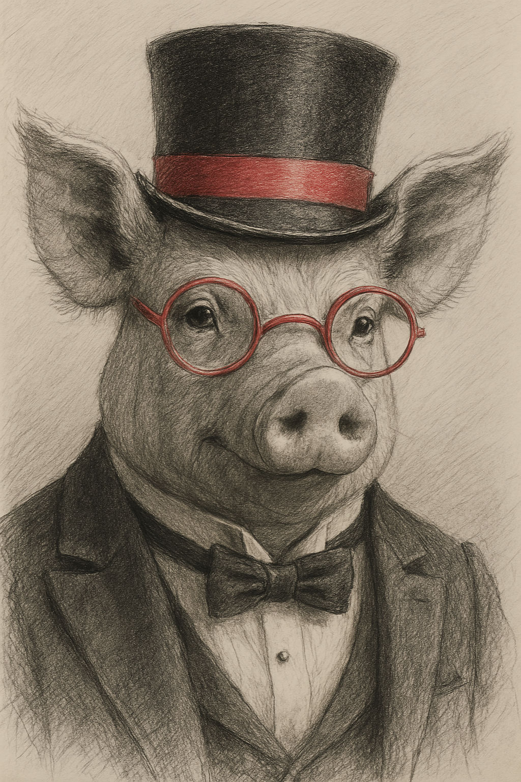 Photographic realistic unreal Engine 5 a pig wearing a tuxedo and wearing a top hat with a red ribbon round it we're in red glasses done in ...