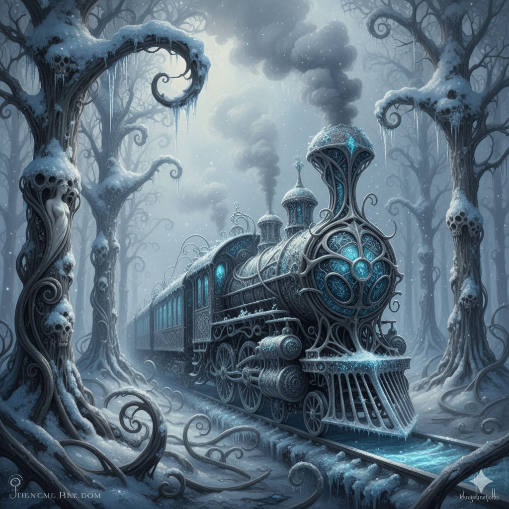Art Nouveau realistic Nouveau train glides silently through a frozen wonderland, illuminated by romantic snow covered trees. Frost patterns ...