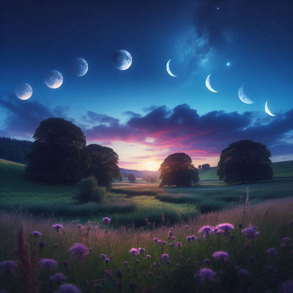 A tranquil country meadow bathed in the soft hues of dusk, where the sky transforms into a canvas of deepening blues and purples. The moon p...