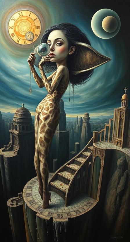 Hyperdetailed surreal surrealism. Woman. surrealism Salvador Dali matte background melting oil on canvas.Melting clocks, warped perspectives...