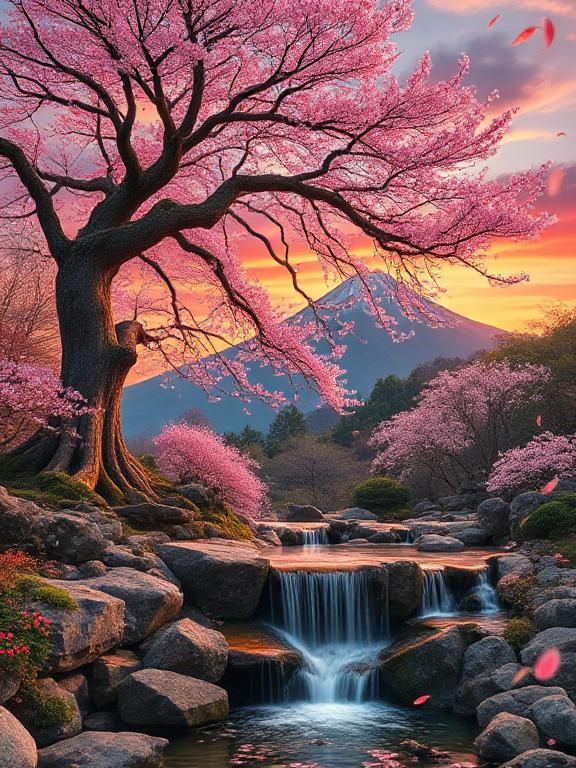 Zen waterfall garden, mountain, set amidst a vibrant spring sunset, with a towering tree adorned with delicate Sakura leaves, and leaves gen...