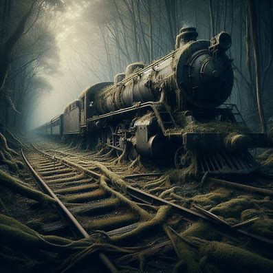 An abandoned, steam-powered train, half-swallowed by overgrown vines and moss, rests on a decaying track in a forgotten forest. The scene is...