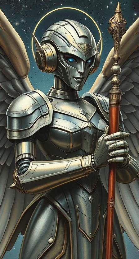 Close-up painting of a metaphysical dieselpunk semi-masked smiling modest maternal robot angelic divinity in complex mechanical flying armor...