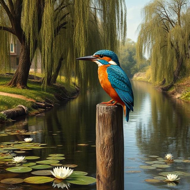 Dutch Golden Age painting in the style of Johannes Vermeer depicting a common kingfisher perched on a weathered wooden post beside a quiet E...