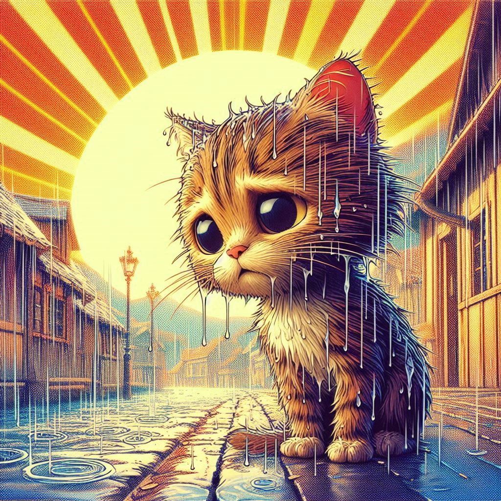 A tiny, sorrowful feline soaked with rain, taking shelter in a provincial setting. The style is reminiscent of early 20th-century animations...