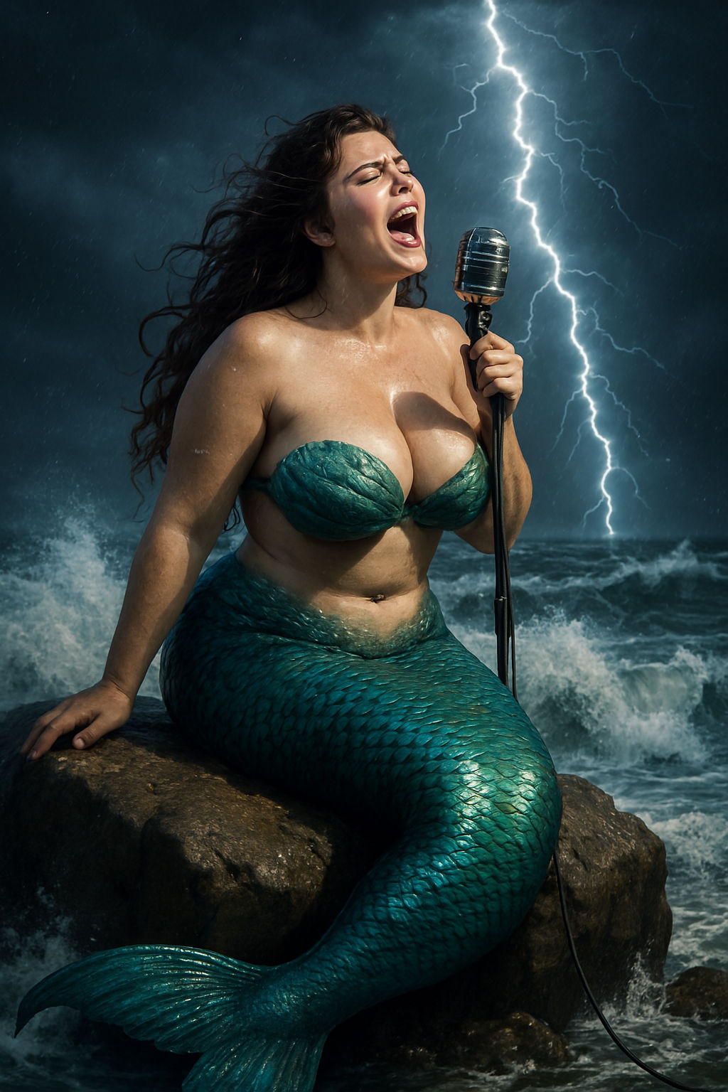 Photographic realistic A female top heavy as a mermaid singing in a microphone sitting on a rock On by storm sea and thunder and lightning