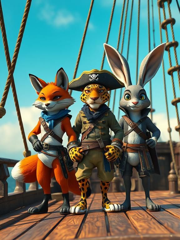 Photographic realistic unreal Engine 5 A fearless trio of anthropomorphic adventurers—a fox, a leopard, and a rabbit—stand proudly on the de...
