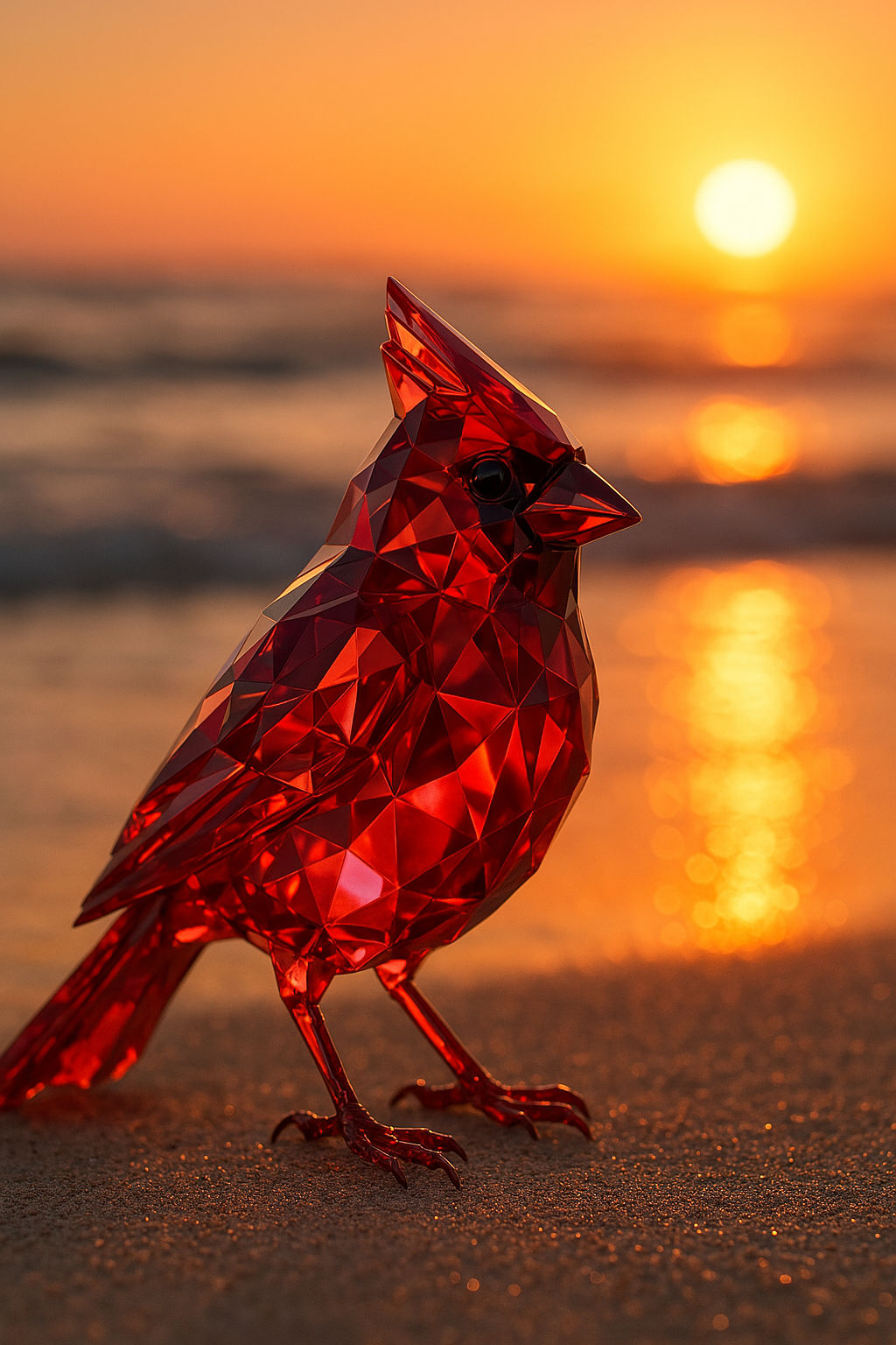 A stunning, translucent cardinal-like bird, crafted entirely from faceted ruby-red crystal or glass, stands on a sandy beach at sunset. The ...