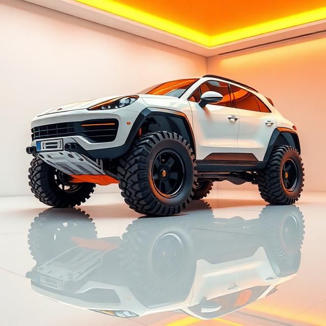 8K ultra-high-resolution oil painting in thick impasto style Porsche off-road concept car in white and orange Large off-road wheels with dee...