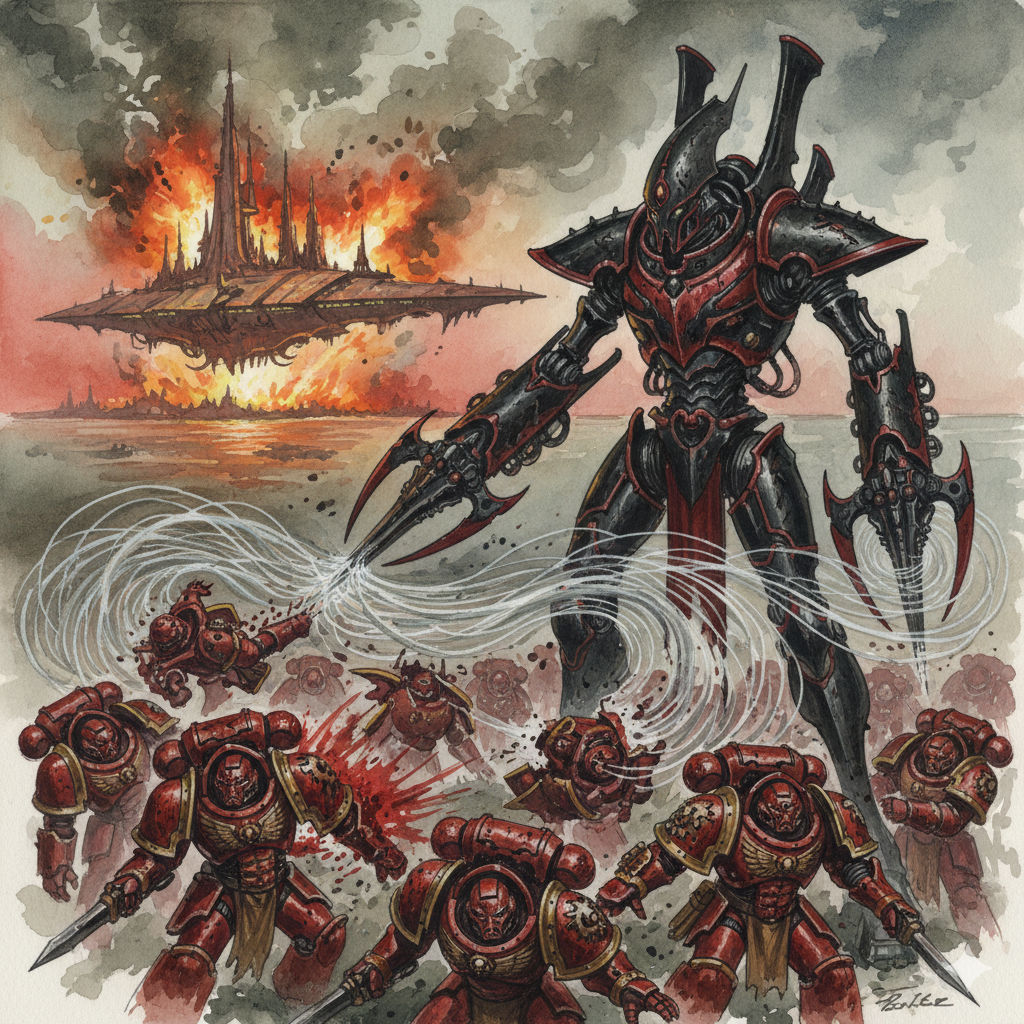 A John Blanche style water-colour of an "Aeldari Skathach Wraithknight" (a 60-foot tall bipedal mecha; lithe forme; black armour plate; crim...