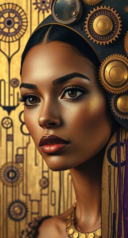 aesthetic 11.  "Gustav Klimt + Jean-Michel Basquiat + mimeograph printing, applying Klimt's gold leaf patterning as surface treatment, Basqu...