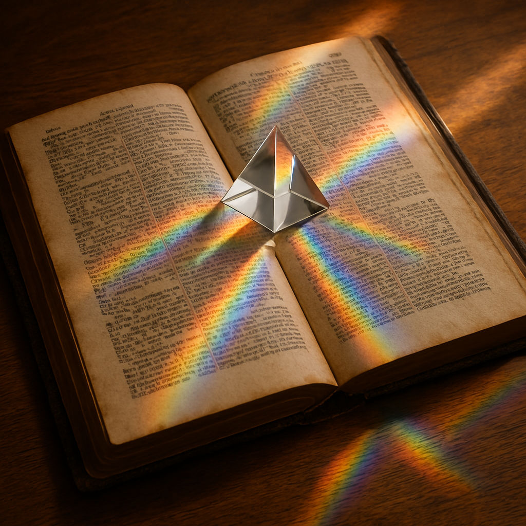 An antique book lies open on a warm oak tabletop, its yellowed pages adorned with a triangular crystal prism that scatters rainbow light acr...