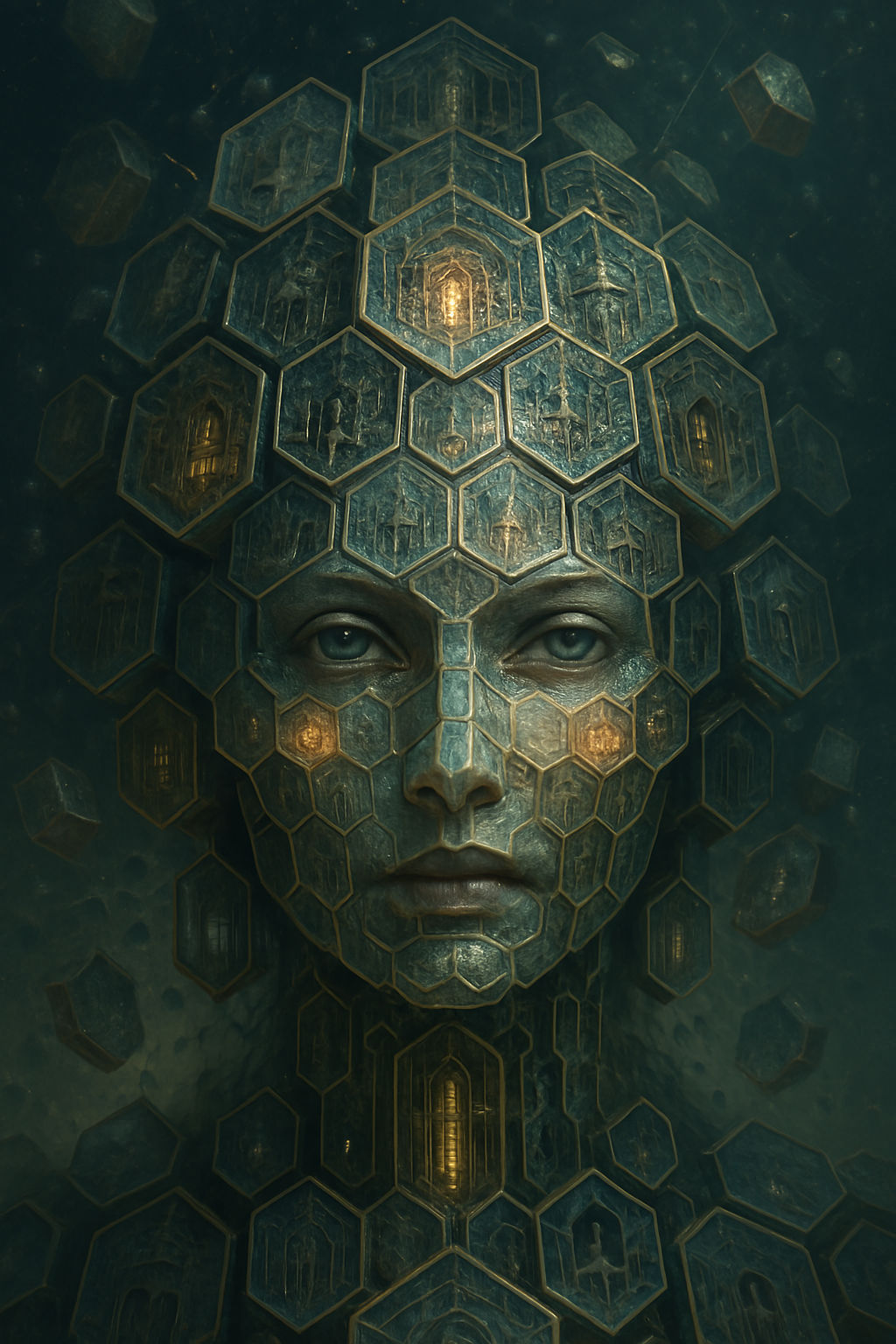 A surreal and highly detailed portrait of a celestial archivist composed entirely of theo-mechanical vaults of astral civilization, each enc...