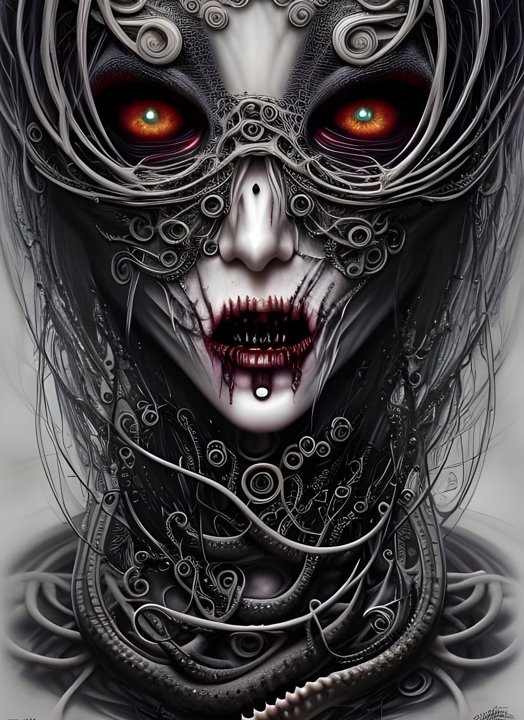 An enchanting scene featuring a beautiful doll with striking features. Her big expressive, green eyes and pale skin are enhanced by intense ...