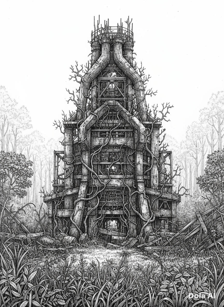 Intricately detailed landscape drawing in Michael Workman's meticulous cross-hatching style depicting abandoned blast furnace overtaken by a...