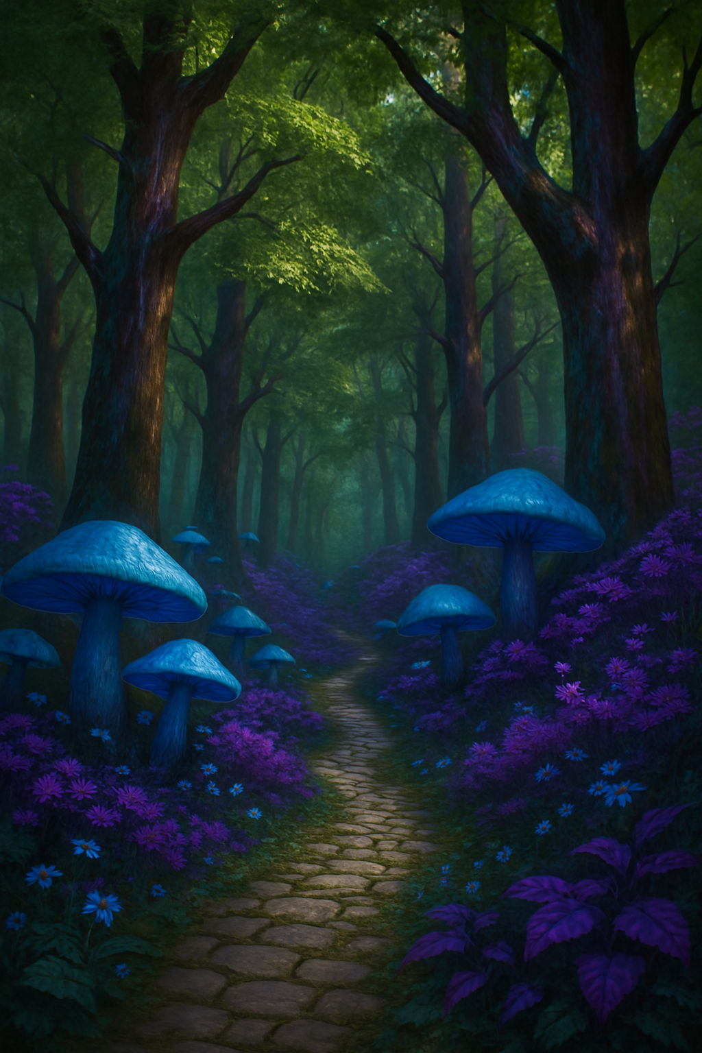 In a dense, enchanted forest, towering trees with emerald leaves and iridescent purple-brown trunks loom overhead, their branches intertwini...