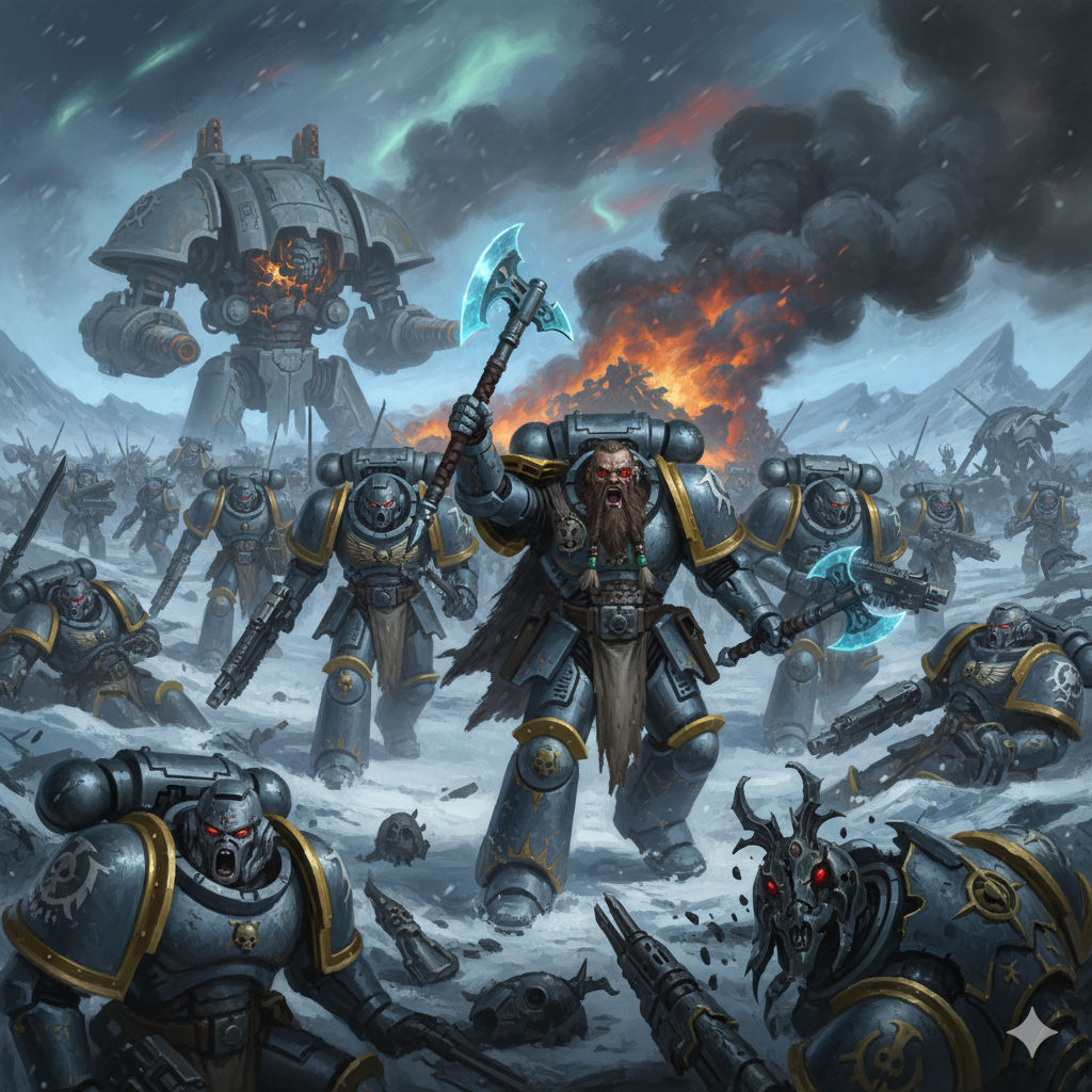 A John Blanche style painting of a large group of "Space Wolves" Space Marines (bluish-grey power armour with goldenrod trim and red optical...