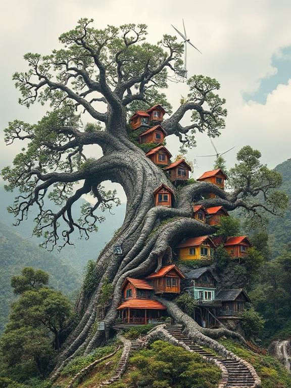 An ancient, towering tree spirals upwards, its branches and roots transformed into vibrant, intricately designed homes adorned with solar pa...