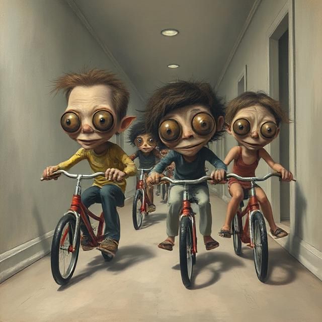 Surreal whimsical painting of funny adults racing tricycles down a hallway with elongated forms, exaggerated proportions, large glossy eyes....