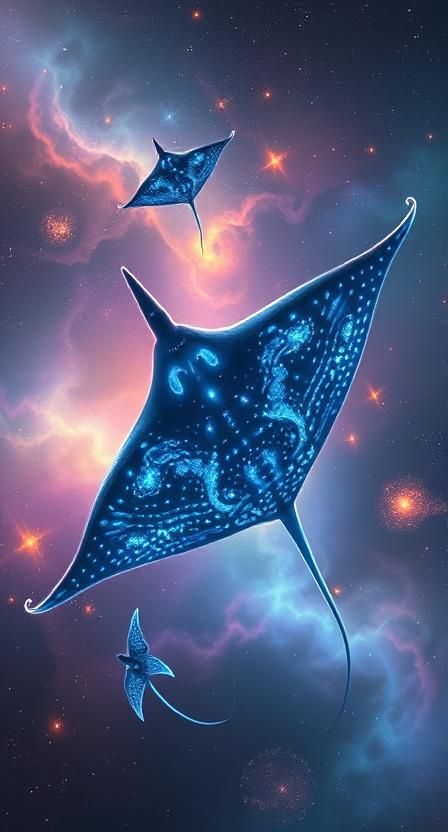 Cosmic leviathans with bioluminescent manta-ray bodies glide through iridescent nebula clouds, their undulating forms illuminated by refract...