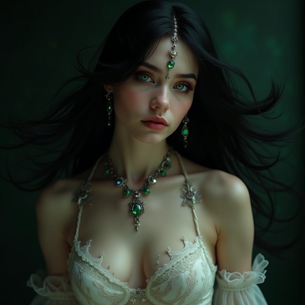 Japanese model in elegant lace attire, adorned with precious jewels, exuding calm confidence, set against a dramatic backdrop, in the style ...