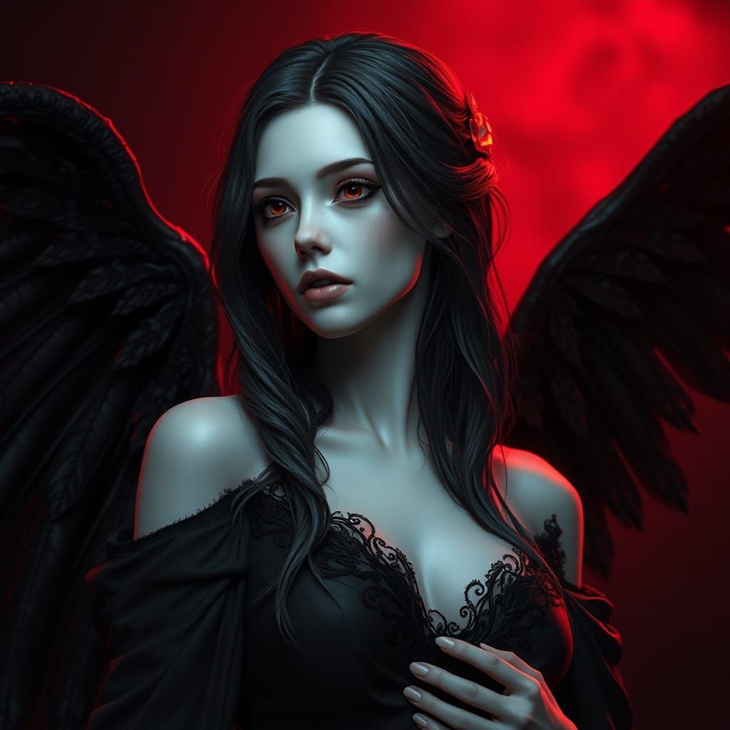 A futuristic mystical kitsune surrounded by vibrant lights, sitting beneath a magical tree. She wears high-tech red and black armor. The bac...