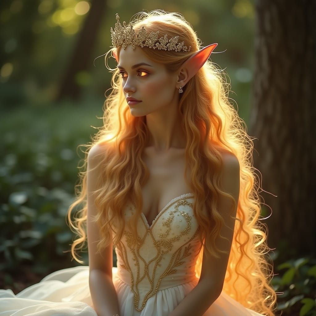 a slender blonde woman in a golden outfit posing against a backdrop of abstract gold patterns. The artwork is detailed and rendered in a 3D ...