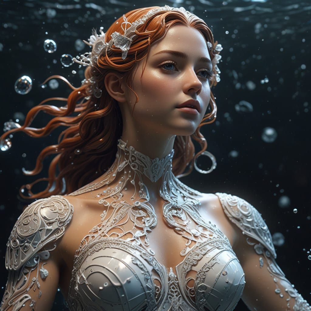 A fairy with delicate wings in a flowing tulle dress, delicate features, and porcelain skin. She has large, soft eyes, posing serenely in fr...