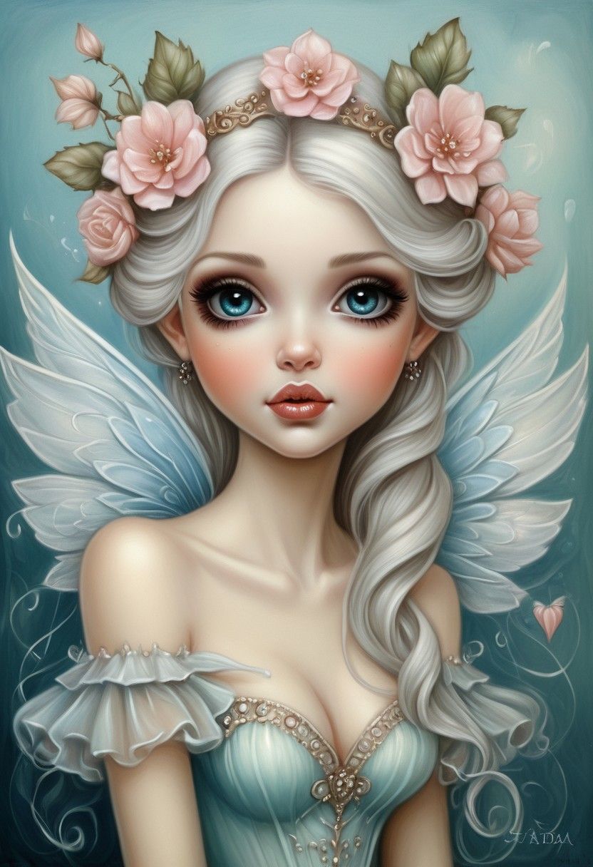 Tinkerbell in a high fantasy painting, soaring on delicate, translucent wings that shimmer with a faint, ethereal glow, in an enchanted fore...