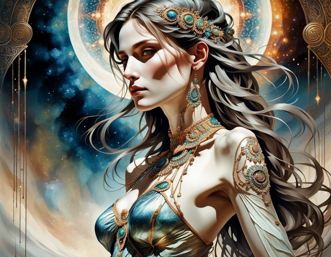 A mythical humanoid creature with enchanting eyes and flowing hair, with a captivating composition and depth of field that holds the viewer'...