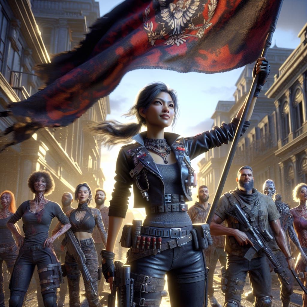 A female leader holding her factions banner in a city. She is surrounded by her closest warrior's and friends holing their modern day weapon...