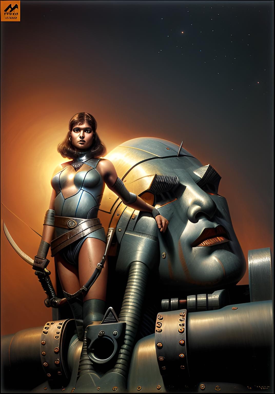 The warrior girl stands near the giant's head intricate mech details, ground level shot, 8K resolution, Cinema 4D, Behance HD, polished meta...