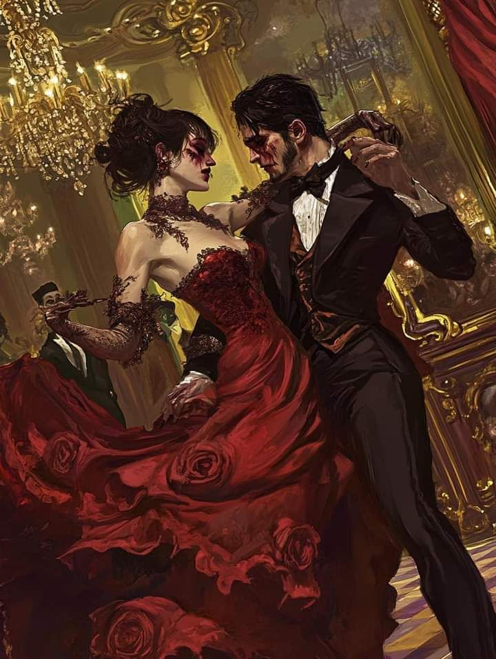 A young medieval couple is dancing. 
The lady is a brunette wearing burgundy medieval dress. But something is odd for she looks cadaveric, a...