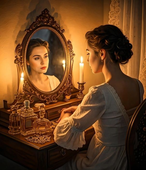 A beautiful medieval brunette young lady is sitting at her dressin table. She's looking down and seem a bit nostalgic. She wears a clear med...