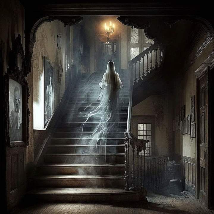 The ghost of a beautiful brunette lady seemingly climbs the stairs of a medieval castle. Game of thrones decorations.