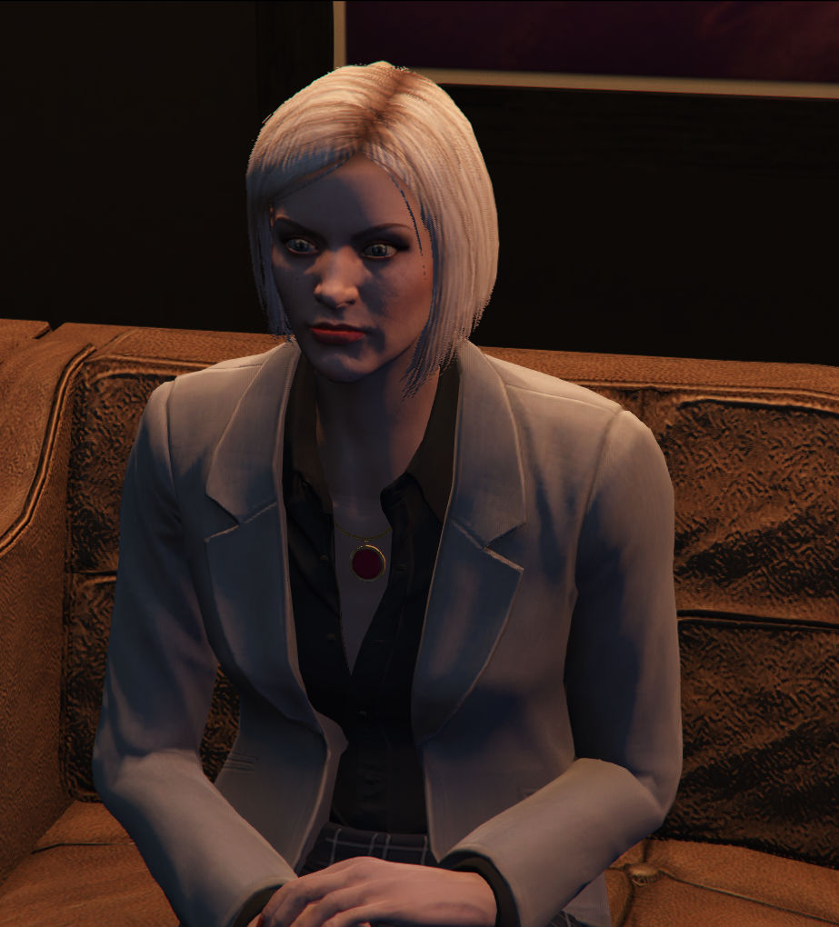 Agatha Baker, Grand Theft Auto Online, Business woman, blonde hair, short hair, green eyes, red lips, freckles, black shirt, light grey cost...