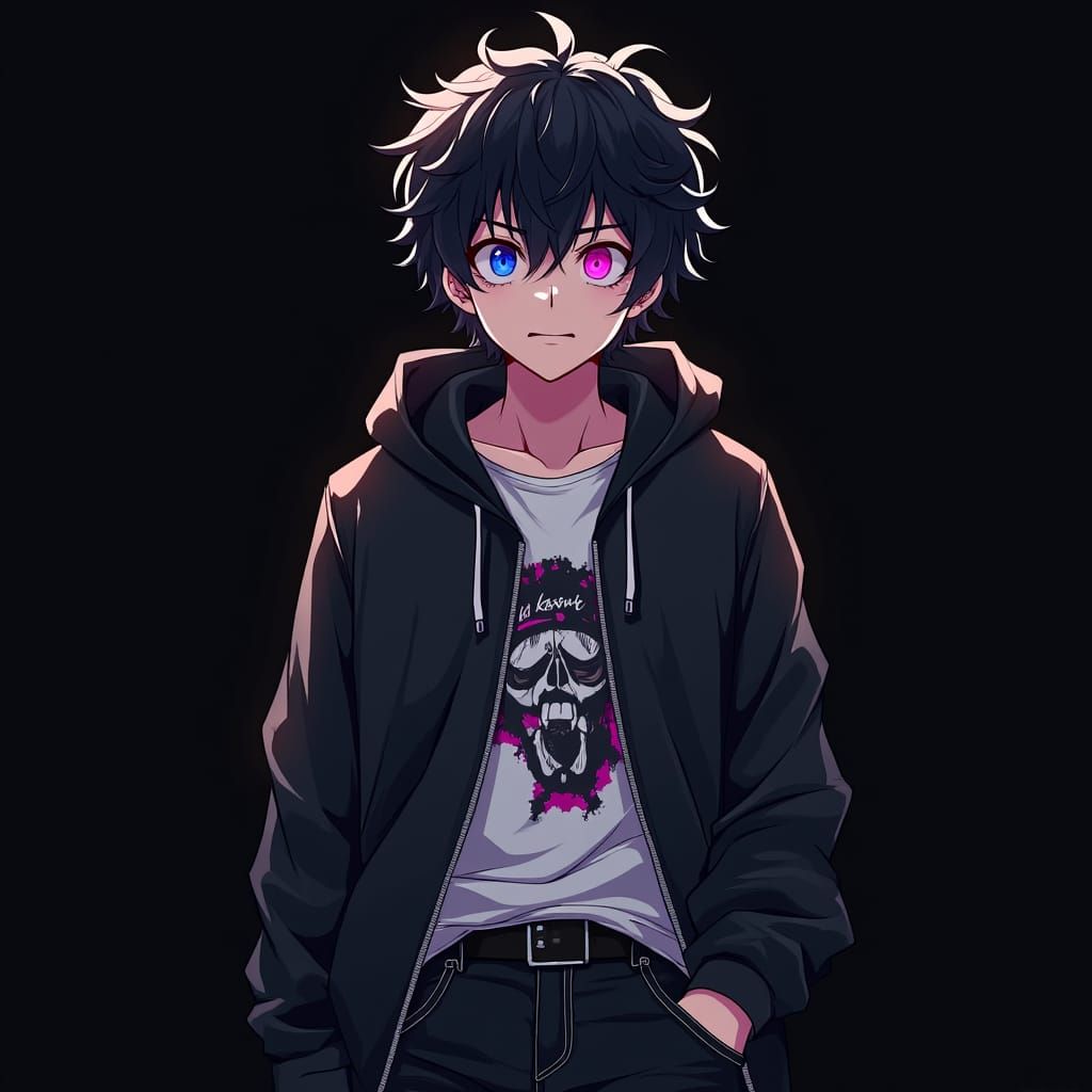 Anime style. He is carrying a bat with nails sticking out of it. His hood is up. Add cat ears to his jacket on the hood. He has a yandere sm...