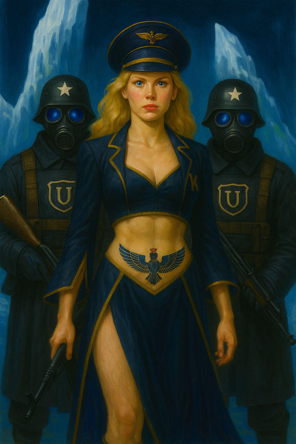 Remove the tattoo and add a belly button. Keep the two guards the same as in the start image. Make the picture more realistic. 