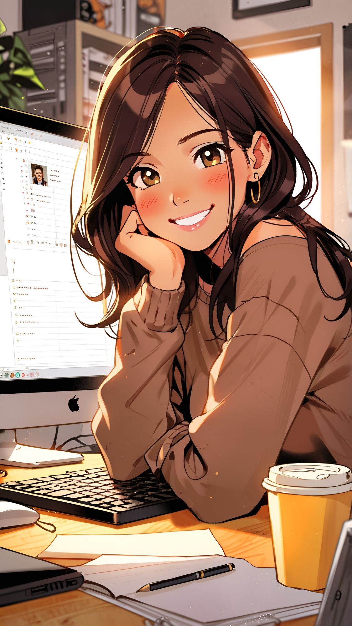 Image of a tidy desk or a person smiling in front of a computer screen, with symbolic elements of success such as coffee and notebooks. by a...